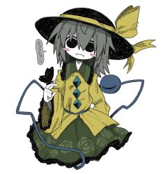 Rule 34 | arm behind back, black butterfly, black hat, blush, bug, butterfly, buttons, diamond (shape), diamond button, empty eyes, floral print, green hair, green skirt, grey hair, hat, highres, insect, komeiji koishi, pale skin, ribbon, rose print, shirt, simple background, skirt, stitches, third eye, touhou, translation request, white background, yellow ribbon, yellow shirt, zunusama