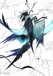Rule 34 | abstract background, absurdres, animal ears, aqua feathers, aqua wings, black wings, blue feathers, blue wings, creature, feathers, full body, highres, kamikiririp, no humans, original, solo, wings