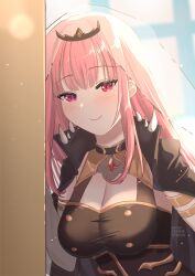 Rule 34 | 1girl, black cape, black dress, black tiara, blunt bangs, blush, breasts, cape, cleavage, dress, highres, hololive, hololive english, large breasts, long hair, looking at viewer, mori calliope, mori calliope (1st costume), orihimestudio, pink hair, red eyes, sidelocks, sleeveless, sleeveless dress, smile, solo, spiked cape, tiara, veil, virtual youtuber