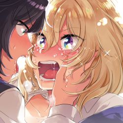 Rule 34 | 2girls, after kiss, andou (girls und panzer), bad id, bad pixiv id, bc freedom school uniform, black hair, blonde hair, blue eyes, blue sweater, blush, brown eyes, check commentary, collarbone, commentary request, crying, dark-skinned female, dark skin, face-to-face, girls und panzer, hand on another&#039;s cheek, hand on another&#039;s face, highres, long sleeves, looking at another, medium hair, messy hair, multiple girls, open mouth, oshida (girls und panzer), saliva, school uniform, shirt, sparkle, sweatdrop, sweater, sweater around neck, tears, teeth, tongue, undressing, v-shaped eyebrows, vest, yukataro, yuri