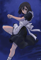 Rule 34 | 00s, 1girl, apron, artist request, brown eyes, brown hair, dress, elenore baker, facing viewer, feet out of frame, female focus, fighting stance, gradient background, looking at viewer, madlax, maid, maid apron, night, outdoors, serious, short hair, short sleeves, socks, solo, waitress, white socks