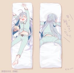 Rule 34 | 10s, 1girl, ahoge, alternate costume, barefoot, brown background, character doll, colis, commentary, dakimakura (object), closed eyes, from behind, kantai collection, kiyoshimo (kancolle), long hair, midriff, multiple views, musashi (kancolle), navel, hugging object, open mouth, pajamas, pillow, polka dot, polka dot pajamas, silver hair, sleeping, translated, twitter username