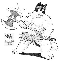 Rule 34 | 1boy, abs, alternate muscle size, animal ears, axe, bandit heeler, bara, barefoot, bluey, dog boy, dog ears, dog tail, full body, furry, furry male, glint, greyscale, grin, headband, highres, holding, holding axe, kajimaru (untindo), legs apart, loincloth, looking to the side, male focus, mature male, monochrome, muscular, muscular male, navel, nipples, reference inset, simple background, smile, sparse stubble, standing, tail, tareme, thighs, topless male