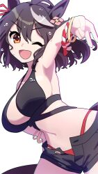 Rule 34 | 1girl, absurdres, ahoge, animal ears, bikini, bikini under clothes, black hair, black shorts, bracelet, breasts, chromatic aberration, cowboy shot, hand on own hip, highres, horse ears, horse girl, horse tail, jewelry, kitasan black (umamusume), kuroto mato, large breasts, looking at viewer, medium hair, mismatched bikini, multicolored hair, navel, one eye closed, open mouth, orange eyes, outstretched arm, rope, shimenawa, short shorts, shorts, simple background, smile, solo, streaked hair, swimsuit, tail, two side up, umamusume, v, wet, wet hair, white background
