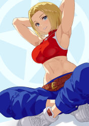 Rule 34 | 1girl, armpits, arms behind head, blonde hair, blue eyes, blue mary, breasts, fatal fury, grin, highres, large breasts, looking at viewer, midriff, navel, pants, parted lips, short hair, sitting, smile, snk, solo, the king of fighters
