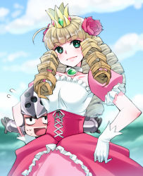 Rule 34 | 1girl, ahoge, anne punt quettebuss, armor, bell line gown, blonde hair, blue sky, blunt bangs, blush, carrying, carrying under arm, choker, cloud, collarbone, corset, crown, day, detached sleeves, dress, drill hair, emappo, flower, flying sweatdrops, frilled dress, frills, gloves, green eyes, hair flower, hair ornament, helmet, holding, jewelry, knight, lips, long hair, outdoors, petticoat, princess punt, puffy short sleeves, puffy sleeves, ribbon, short sleeves, sky, sweat, sweatdrop, white gloves, white ribbon