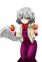 Rule 34 | 1girl, blush, bow, bowtie, braid, closed mouth, dress, efukei, expressionless, feathered wings, french braid, frown, grey hair, hair between eyes, hip focus, holding, instrument, jacket, jitome, kishin sagume, long sleeves, looking at viewer, maracas, monochrome, motion lines, open clothes, open jacket, purple dress, red bow, red bowtie, red eyes, short hair, simple background, single wing, solo, standing, touhou, white background, white wings, wings