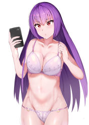 Rule 34 | 1girl, adjusting strap, bad id, bad pixiv id, bra, breasts, cellphone, cleavage, collarbone, fate/grand order, fate (series), frown, highres, holding, holding phone, large breasts, lingerie, looking down, navel, o-ring, o-ring bottom, panties, phone, purple hair, red eyes, scathach (fate), scathach skadi (fate), sikijou77o, simple background, smartphone, solo, underwear, white background
