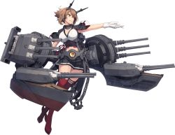 Rule 34 | 1girl, anchor, black skirt, boots, breasts, brown hair, capelet, chain, cleavage, coat, full body, gloves, green eyes, headband, kantai collection, large breasts, looking to the side, machinery, midriff, miniskirt, mutsu (kancolle), mutsu kai ni (kancolle), official art, pleated skirt, red thighhighs, rigging, searchlight, shizuma yoshinori, short hair, skirt, solo, striped clothes, striped skirt, thigh boots, thighhighs, transparent background, turret, white gloves
