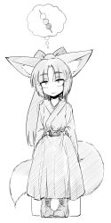 Rule 34 | 1girl, animal ears, boots, bow, dot nose, fox ears, fox tail, full body, greyscale, hair bow, highres, long hair, looking up, monochrome, original, sakifox, sitting, sketch, smile, solo, spoken food, tail