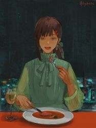 Rule 34 | 1girl, black hair, chainsaw man, city lights, dinner, earrings, eating, food, fork, fuyukonbu, glass, hair ornament, hair ribbon, hairclip, happy, higashiyama kobeni, highres, holding, holding fork, holding knife, jewelry, knife, long sleeves, looking at object, looking at viewer, looking down, meat, mole, mole under eye, mole under mouth, night, open mouth, restaurant, ribbon, see-through, see-through sleeves, short hair, single sidelock, sitting, solo, twitter username, window
