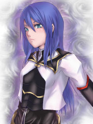 Rule 34 | 1girl, blue hair, breasts, female focus, gradient background, green eyes, maria traydor, solo, square enix, star ocean, star ocean till the end of time, white background