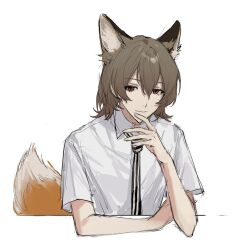 1boy akechi_gorou animal_ears black_necktie brown_hair chinese_commentary closed_mouth collared_shirt commentary_request fox_boy fox_ears fox_tail gouzhiyi hair_between_eyes highres kemonomimi_mode male_focus medium_hair necktie persona persona_5 red_eyes shirt short_sleeves sketch smile solo tail white_shirt