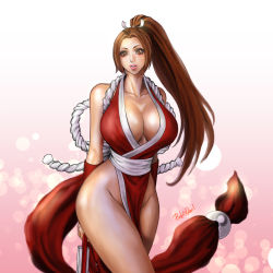 Rule 34 | 1girl, blush, breasts, brown eyes, brown hair, cleavage, curvy, fatal fury, female focus, groin, huge breasts, long hair, ninja, no bra, no panties, pink devil, ponytail, shiranui mai, simple background, snk, solo, the king of fighters, wide hips