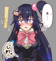 Rule 34 | 1girl, armband, black jacket, blue eyes, blush, bombergirl, bow, bowtie, buttons, constricted pupils, embarrassed, female focus, grey background, hair between eyes, hair ornament, hairclip, have to pee, highres, ikayaki-san, jacket, japanese text, kuro (bombergirl), leaning forward, long sleeves, looking at viewer, nose blush, one side up, open mouth, peeing, peeing self, pink bow, pink bowtie, school uniform, shirt, sidelocks, simple background, solo, speech bubble, spoken blush, straight-on, sweat, tears, translation request, upper body, urine meter, v arms, white shirt
