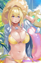 Rule 34 | 1girl, absurdres, bikini, blonde hair, blue eyes, blush, breasts, cleavage, dappled sunlight, denizen tomo, hat, highres, large breasts, long hair, navel, open clothes, open shirt, original, parted lips, phantasy star, phantasy star online 2, shirt, sitting, solo, stomach, straw hat, sunlight, swimsuit, two side up, white shirt, yellow bikini