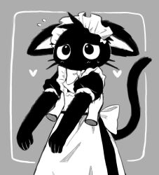 Rule 34 | 1girl, animal ears, apron, back bow, black dress, blush, border, bow, bowtie, cat ears, cat girl, cat tail, cowboy shot, disembodied limb, dress, ears down, female focus, flat chest, flying sweatdrops, frilled apron, frills, furry, furry female, grey background, greyscale, half-closed eyes, heart, held up, highres, light blush, long dress, maid, monochrome, no mouth, non nya nya, original, outside border, outstretched arms, puffy short sleeves, puffy sleeves, short hair, short sleeves, shy, simple background, sketch, solo focus, tail, tail raised, whiskers, white border
