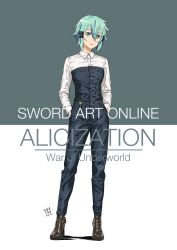 Rule 34 | 1girl, alternate costume, aqua eyes, aqua hair, artist logo, black pants, blue eyes, commentary request, copyright name, dress shirt, full body, grey background, hair ornament, hairclip, hands in pockets, highres, looking at viewer, pants, shirt, short hair, sinon, solo, standing, sword art online, tokuoka kouhei, two-tone background, two-tone shirt, white background