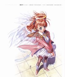 Rule 34 | 00s, 1girl, amamiya yuu, angel, angelium, blue eyes, feathers, female focus, full body, hair ribbon, halo, own hands clasped, high heels, highres, jacket, orange hair, own hands together, plaid, ribbon, scan, shoes, smile, solo, thighhighs, twintails, white background, wind, wings, yokota mamoru, zettai ryouiki