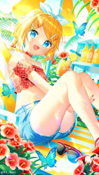 Rule 34 | 1girl, :3, bare shoulders, beach chair, beach umbrella, between legs, blonde hair, blue butterfly, blue eyes, bow, bug, butterfly, choker, collarbone, crop top, cup, denim, denim shorts, diffraction spikes, drink, unworn eyewear, fang, flat chest, flower, frilled shirt, frills, hair bobbles, hair bow, hair ornament, hairclip, hand between legs, hibiscus, highres, holding, holding cup, holding drink, ice, ice cube, ikari (aor3507), insect, kagamine rin, lens flare, looking at viewer, nail polish, non-circular lens flare, open mouth, palm tree, parasol, red choker, red flower, red nails, shirt, short braid, short hair, short twintails, shorts, sitting, skin fang, smile, solo, striped chair, sunglasses, swept bangs, tree, twintails, umbrella, vocaloid, yellow umbrella