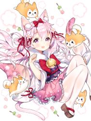Rule 34 | &gt; &lt;, 1girl, :3, :d, ancotaku, animal, animal ears, azur lane, bell, blush, bow, brown footwear, cat ears, cat girl, cat tail, chinese zodiac, clogs, closed mouth, commentary request, dango, dog, floral background, food, frilled skirt, frills, hair between eyes, hair bow, hair ribbon, highres, japanese clothes, jingle bell, kimono, kisaragi (azur lane), kisaragi (new year&#039;s wish) (azur lane), long sleeves, looking at viewer, obi, open mouth, pantyhose, petals, pink hair, pink skirt, purple eyes, red bow, red ribbon, ribbon, sandals, sanshoku dango, sash, short kimono, skirt, smile, solo, tail, thick eyebrows, thighband pantyhose, v-shaped eyebrows, wagashi, white background, white kimono, white pantyhose, wide sleeves, year of the dog, zouri