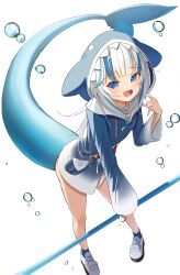 Rule 34 | 1girl, absurdres, animal costume, animal hood, blue eyes, blue hair, blue hoodie, fins, fish tail, gawr gura, gawr gura (1st costume), highres, hololive, hololive english, hood, hoodie, long sleeves, looking at viewer, medium hair, multicolored hair, open mouth, polearm, remirii, shark costume, shark girl, shark hood, shark print, shark tail, sharp teeth, shoes, sneakers, solo, streaked hair, tail, teeth, trident, virtual youtuber, weapon, white hair