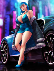 Rule 34 | 1girl, azur lane, bare shoulders, blue dress, blue footwear, blue hair, blurry, blurry background, breasts, bugatti, bugatti chiron, car, city, city lights, cleavage, coat, unworn coat, cosplay, dress, earrings, erkaz, evening gown, full body, fur collar, fur trim, halter dress, halterneck, high heels, highres, huge breasts, jewelry, legs, long hair, looking at viewer, minidress, motor vehicle, necklace, off shoulder, original, outdoors, parted lips, plunging neckline, red eyes, revealing clothes, rina atherina, short dress, solo, st. louis (azur lane), st. louis (azur lane) (cosplay), st. louis (luxurious wheels) (azur lane), standing, thighs, veins, veiny breasts