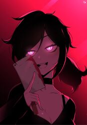 Rule 34 | 1girl, absurdres, ashley graves, black choker, black hair, blood, bloody weapon, blush, bra strap, choker, evil smile, glowing, glowing eyes, gradient background, highres, holding, holding knife, knife, messy hair, pendreon, pink eyes, ponytail, smile, solo, the coffin of andy and leyley, weapon