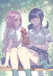 Rule 34 | 2girls, ahoge, arm support, blue hair, bouzu (bonze), collared shirt, commentary request, cup, dappled sunlight, disposable cup, drinking straw, drinking straw in mouth, frappuccino, green skirt, green socks, holding, holding cup, long hair, looking at viewer, low ponytail, medium hair, miniskirt, mizuha machi, mole, mole under eye, multiple girls, outdoors, parted bangs, pink hair, pleated skirt, sanpaku, school uniform, shirt, short sleeves, sitting, skirt, smile, socks, sunlight, tree shade, tsubame tip off!, unakami aya, white shirt, yellow eyes