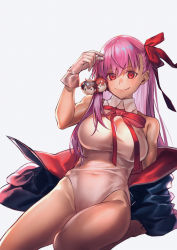 Rule 34 | 1girl, bare shoulders, bb (fate), bb (fate) (all), bb (swimsuit mooncancer) (fate), bb (swimsuit mooncancer) (third ascension) (fate), black coat, breasts, closed mouth, coat, covered navel, dark-skinned female, dark skin, fate/grand order, fate (series), fujimaru ritsuka (female), fujimaru ritsuka (male), gloves, hair ribbon, highleg, highleg leotard, highres, large breasts, leaning back, leotard, long hair, looking at viewer, neck ribbon, off shoulder, open clothes, open coat, popped collar, purple hair, red eyes, red ribbon, ribbon, simple background, smile, solo, tan, thighs, user hysd4435, very long hair, white gloves, white leotard