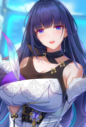 Rule 34 | 1girl, absurdres, blunt bangs, blush, breasts, earrings, feathers, glint, highres, honkai (series), honkai impact 3rd, indoors, jewelry, large breasts, long hair, looking at viewer, neck ribbon, open mouth, purple eyes, purple hair, raiden mei, raiden mei (apho), ribbon, smile, solo, upper body, very long hair, wu ganlan cai