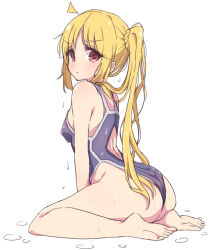 Rule 34 | 1girl, ahoge, ass, barefoot, blonde hair, blue one-piece swimsuit, bocchi the rock!, breasts, closed mouth, commentary request, highres, ijichi nijika, long hair, looking at viewer, mel (melty pot), one-piece swimsuit, red eyes, side ponytail, simple background, sitting, small breasts, soles, solo, swimsuit, thighs, toes, wariza, wet, wet hair, white background