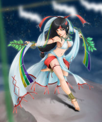 Rule 34 | 1girl, 342 (artist), ame-no-uzume-no-mikoto, ankle cuffs, anklet, armlet, bangle, bare legs, barefoot, bikini, bikini top only, black hair, bracelet, branch, breasts, cuffs, dancer, dancing, feet, full body, headband, highres, japanese mythology, jewelry, loincloth, long hair, magatama, necklace, red ribbon, ribbon, sash, shingoku no valhalla gate, sideboob, solo, source request, swimsuit, veil