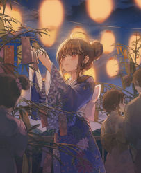 Rule 34 | 4girls, absurdres, blue kimono, blush, brown hair, closed mouth, floral print, hair bun, hands up, highres, japanese clothes, kimono, lantern, long hair, long sleeves, looking up, multiple girls, night, night sky, obi, original, outdoors, paper, patch oxxo, pink eyes, plant, sash, sky, solo focus, standing, star (sky), tanabata, white sash