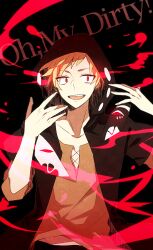 Rule 34 | 1boy, ambiguous red liquid, black background, black hoodie, broken mask, brown shirt, casual, circle, commentary request, cross-laced clothes, cross-laced slit, dark background, english text, fingernails, hood, hood up, hoodie, kagerou project, kano shuuya, light brown hair, looking at viewer, male focus, mask, notched neckline, open mouth, print hoodie, red eyes, shirt, short bangs, short hair, short sleeves, sleeves past elbows, slit pupils, solo, t-shirt, teeth, tsuki miyabi, tsurime, upper body, upper teeth only, yobanashi deceive (vocaloid)