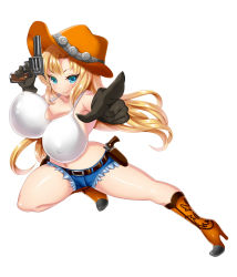 Rule 34 | 1girl, black gloves, blonde hair, blue eyes, boots, breasts, copyright request, cow girl, cowboy boots, cowboy hat, cowboy western, denim, denim shorts, gloves, gun, handgun, hat, high heel boots, high heels, huge breasts, long hair, meesuke, navel, official art, revolver, shorts, simple background, smile, solo, tank top, very long hair, weapon, white background, white tank top