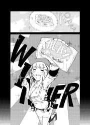 Rule 34 | 1girl, comic, english text, closed eyes, food, greyscale, monochrome, oono tsutomu, original, panties, silent comic, skirt, smile, solo, torn clothes, underwear