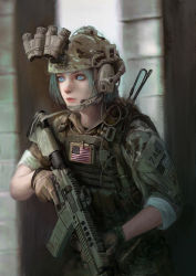 Rule 34 | 1girl, absurdres, american flag, ar-15, assault rifle, blue eyes, bulletproof vest, ear protection, gloves, gpnvg-18, green hair, gun, headset, helmet, highres, military, military uniform, night-vision device, original, rifle, sleeves rolled up, soldier, uniform, watch, weapon, wide field of view device, xianggang jizhe