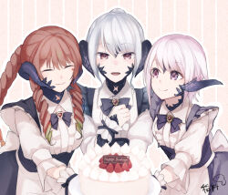 Rule 34 | 3girls, apron, au ra, birthday cake, black apron, black bow, black bowtie, black dress, bow, bowtie, braid, braided ponytail, breasts, brown hair, cake, closed eyes, closed mouth, dragon horns, dress, drill hair, final fantasy, final fantasy xiv, food, fruit, grey hair, happy birthday, horns, looking at another, looking at object, looking down, medium breasts, multicolored hair, multiple girls, open mouth, pink hair, purple eyes, scales, scrunchie, signature, small breasts, smile, strawberry, streaked hair, tamanoka, twin drills, upper body, warrior of light (ff14), white apron, white dress, wrist scrunchie