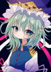 Rule 34 | 1girl, :&lt;, asymmetrical hair, balance scale, black background, blue hat, buttons, closed mouth, earrings, epaulettes, frilled hat, frills, green eyes, green hair, hat, hat ribbon, highres, jewelry, juliet sleeves, long sleeves, looking at viewer, medium hair, one-hour drawing challenge, puffy sleeves, renakobonb, ribbon, shiki eiki, simple background, solo, touhou, upper body, weighing scale