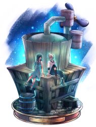 Rule 34 | 1boy, 1girl, bare shoulders, barrel, black hair, blonde hair, brown footwear, cloud strife, dress, final fantasy, final fantasy vii, final fantasy vii remake, full body, long hair, looking at another, low ponytail, minato (ct 777), nibelheim, open mouth, sandals, shirt, sitting, sky, sleeveless, sleeveless dress, spiked hair, square enix, star (sky), starry sky, t-shirt, tifa lockhart, twitter username, water tank, water tower, aged down