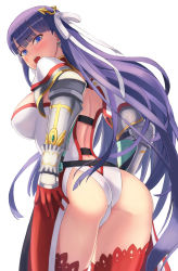Rule 34 | 1girl, ass, back, back cutout, blue eyes, blunt bangs, blush, breasts, capelet, clothing cutout, earrings, fate/grand order, fate (series), gauntlets, gloves, hair ribbon, jewelry, kanki (kibunhasaikou), large breasts, leotard, long hair, looking at viewer, looking back, martha (fate), open mouth, purple hair, red gloves, red thighhighs, ribbon, simple background, solo, straight hair, thighhighs, thighs, white background, white capelet, white leotard, white ribbon