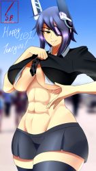 Rule 34 | 1girl, abs, absurdres, artist name, black skirt, black thighhighs, breasts, character name, clothes lift, eyepatch, headgear, highres, kantai collection, large breasts, lifted by self, looking at viewer, muscular, muscular female, navel, purple hair, shirt lift, short hair, skirt, sky, smile, solo, stomach, suketchib, tenryuu (kancolle), thighhighs, thighs, yellow eyes, zettai ryouiki
