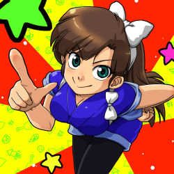 Rule 34 | 1girl, bow, brown hair, clam, foreshortening, green eyes, hand on own hip, highres, hip focus, japanese clothes, kuonji ukyou, long hair, pantyhose, ranma 1/2, shell, shrimp, simple background, solo, spatula, squid, star (symbol), sunburst, wanta (futoshi)