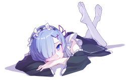 Rule 34 | 10s, 1girl, biting hand, blue eyes, blue hair, commentary request, detached sleeves, full body, hair ornament, hairclip, kamameshi gougoumaru, legs up, looking at viewer, lying, maid, monochrome background, on stomach, re:zero kara hajimeru isekai seikatsu, rem (re:zero), short hair, short sleeves, simple background, solo, the pose, thighhighs, white background, white thighhighs, wide sleeves
