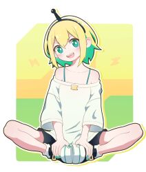 Rule 34 | 1girl, :d, amano pikamee, black hairband, black shorts, blonde hair, border, bright pupils, commentary, english commentary, full body, green background, green eyes, green hair, green nails, hairband, head tilt, knees apart feet together, off-shoulder shirt, off shoulder, onpa (onpa sound), open mouth, sharp teeth, shirt, short hair, shorts, sitting, smile, soles together, solo, teeth, transparent background, upper teeth only, v-shaped eyebrows, virtual youtuber, voms, white border, white pupils, white shirt, yellow background