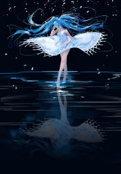 Rule 34 | 1girl, blue hair, clothes lift, dress, dress lift, closed eyes, floating hair, g q, hatsune miku, highres, jewelry, long hair, necklace, pearl necklace, reflection, solo, very long hair, vocaloid, wind, wind lift