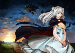 Rule 34 | 1girl, bad id, bad pixiv id, blue dress, blue eyes, breasts, cleavage, cloak, cloud, covered navel, deng deng, dress, floating island, flower, hair flower, hair ornament, large breasts, lips, long hair, long sleeves, looking at viewer, nose, original, outdoors, path, realistic, road, science fiction, see-through, solo, star (sky), twilight, upper body, walking, white hair, wind