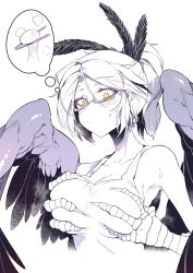 Rule 34 | 1girl, absurdres, bare shoulders, black feathers, black wings, grabbing another&#039;s breast, breasts, chopsticks, claws, cleavage, feather hair ornament, feathered wings, feathers, food, glasses, grabbing, groping, hair ornament, harpy, highres, karasu raven, medium breasts, mochi, monster girl, original, ponytail, grabbing own breast, semi-rimless eyewear, short hair, simple background, solo, spot color, sweat, tank top, thought bubble, white background, white tank top, wings, yellow eyes