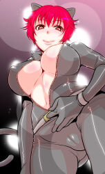 Rule 34 | 1girl, animal ears, biker clothes, bikesuit, bodysuit, breasts, brown eyes, cat ears, cat girl, cleavage, covered erect nipples, eyebrows hidden by hair, from below, hair between eyes, large breasts, looking at viewer, looking down, mitsugi, nipples, open clothes, original, red hair, short hair, smile, solo, tail, unzipped
